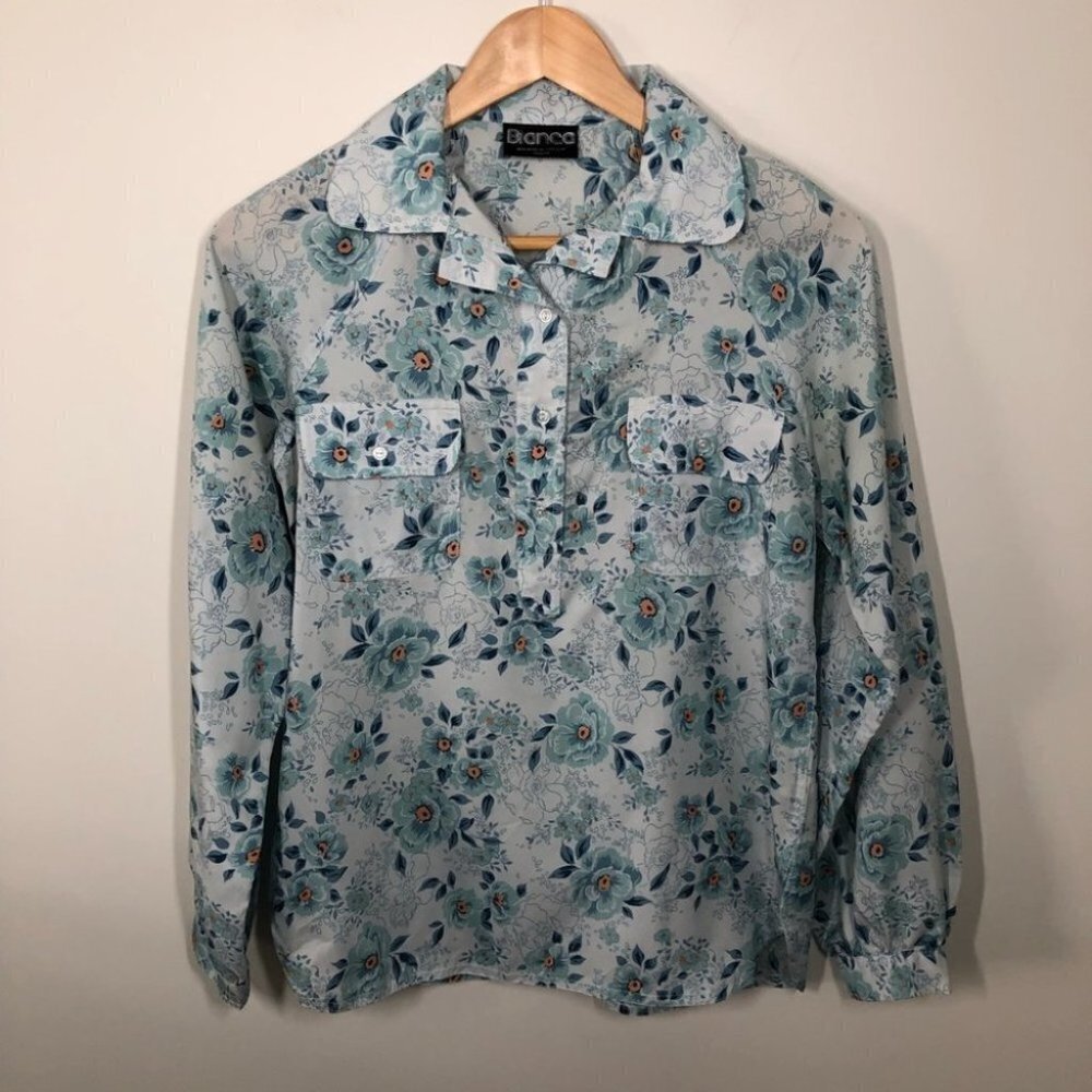 VINTAGE Bianca Satin‎ 1/2 Button Down Floral Blouse  Size 8